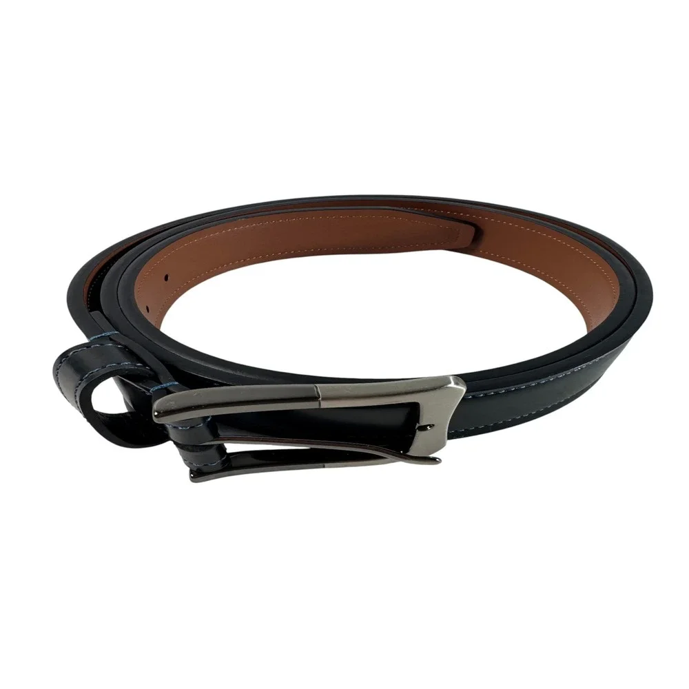 Johnston & Murphy Men Black Leather Dress Belt Gunmetal Buckle Blue Stitching 38